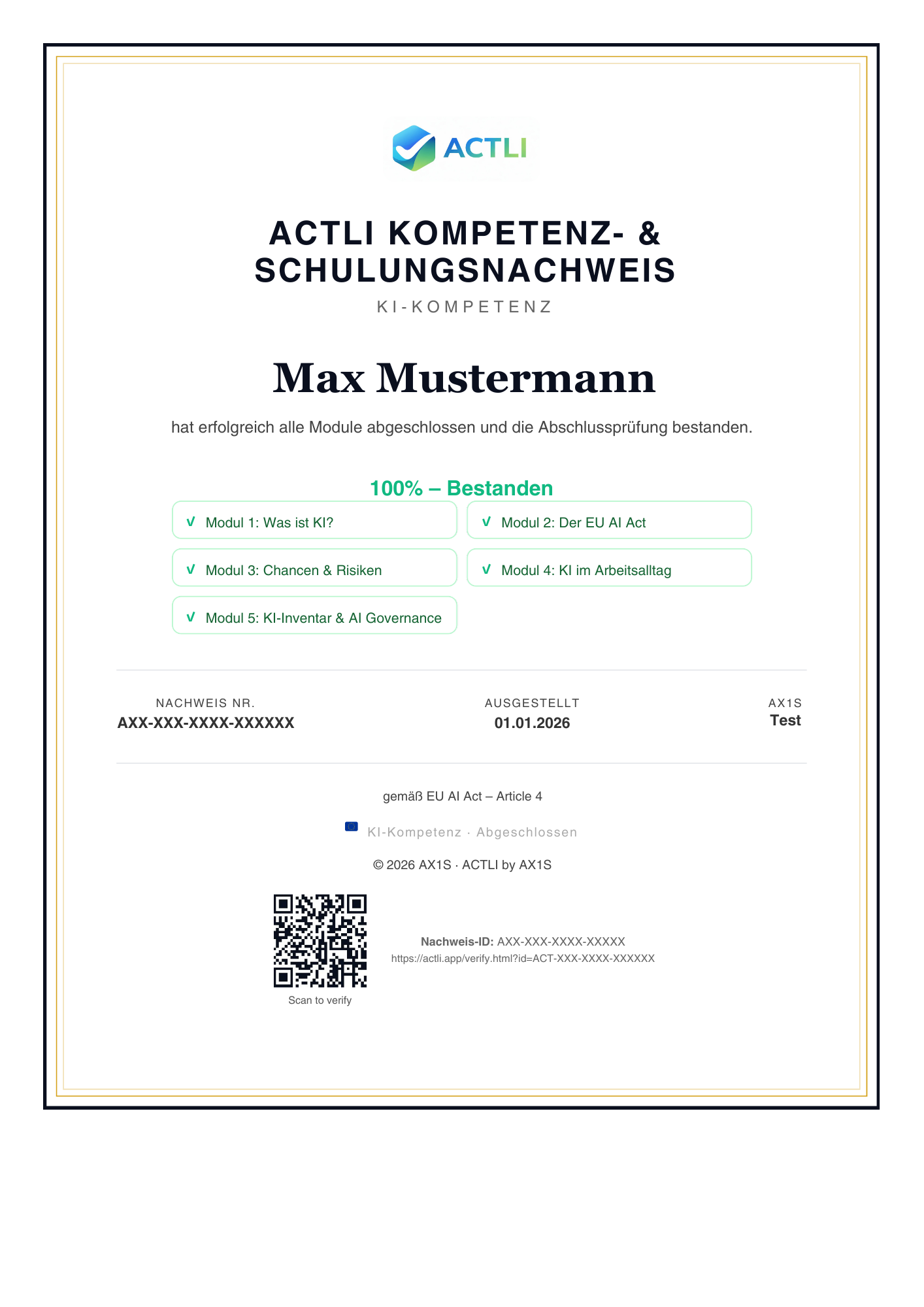 ACTLI Kompetenznachweis mit QR-Code zur Verifizierung